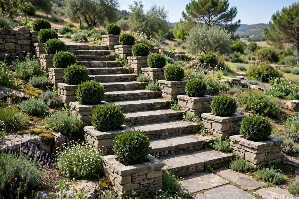 Stone planters with compact shrubs lining garden steps.