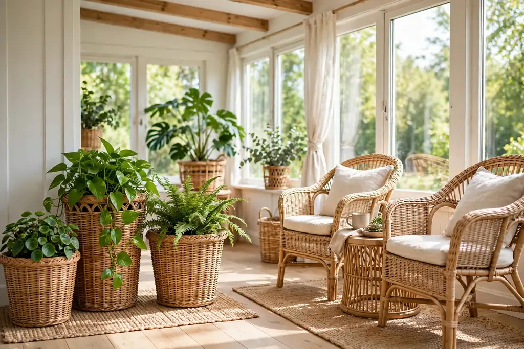 Rattan planters with green plants in a bright sunroom.