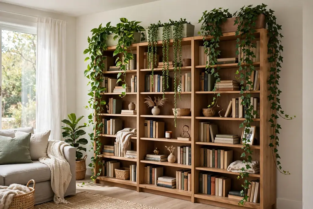 Trailing plants in planters on top of a tall bookcase.