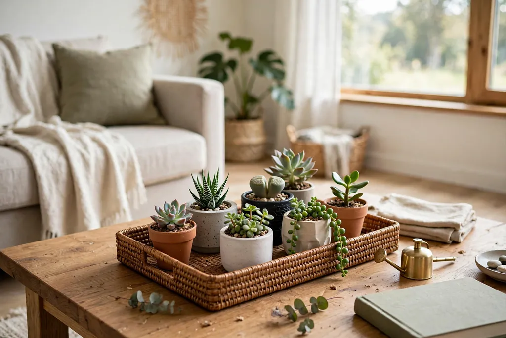 Mini succulent planters grouped on a tray on a coffee table.