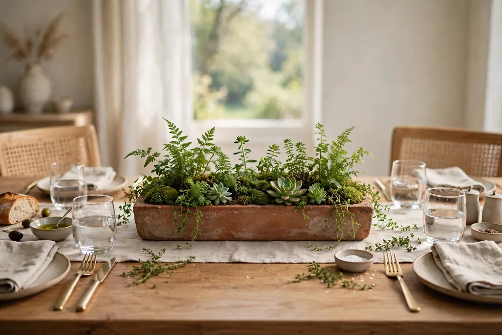 Low planter centerpiece with small plants on a dining table.