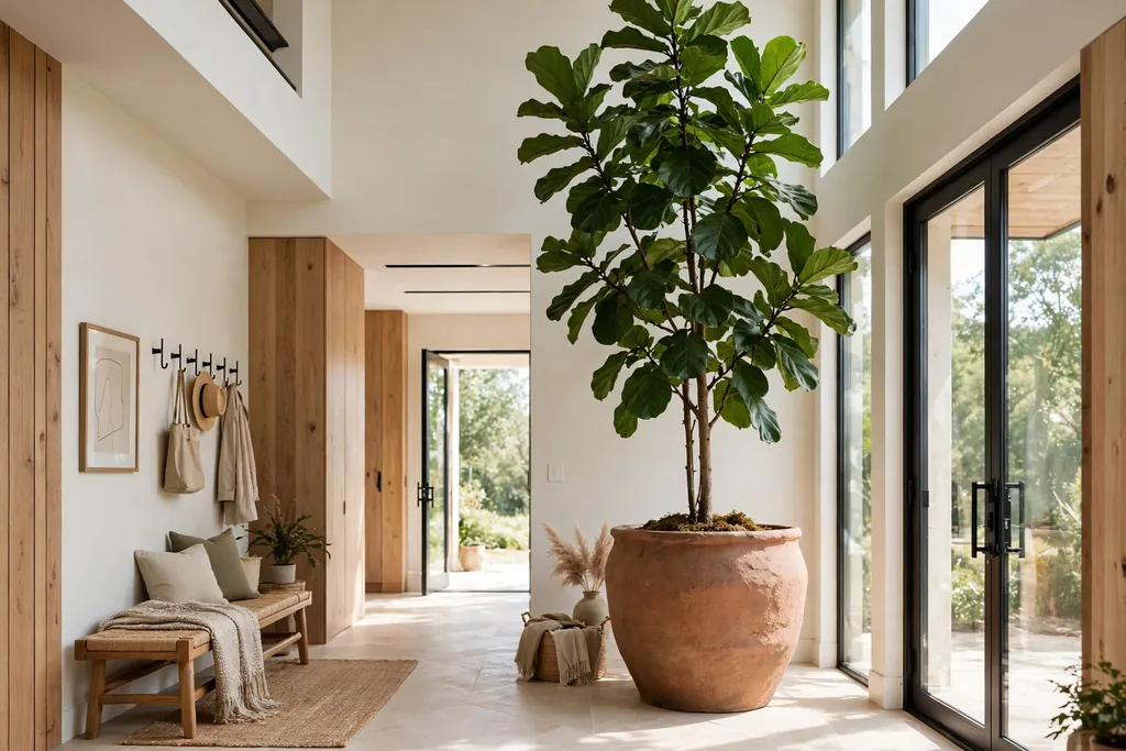 Oversized planter with a tall indoor tree in an entry hall.