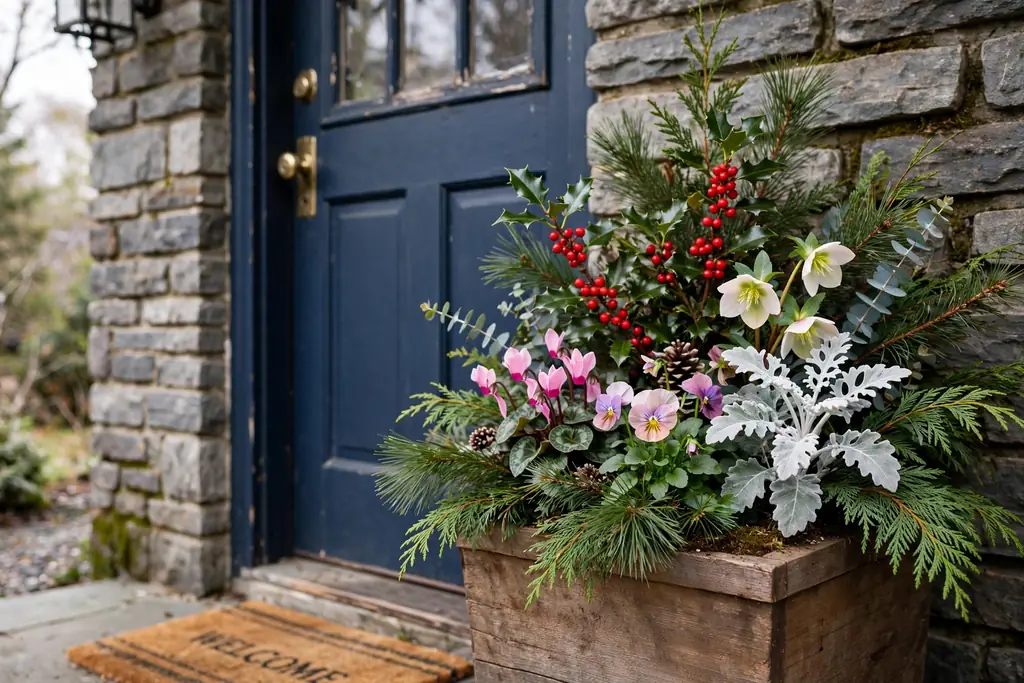 Planter by a door with seasonal flowers and evergreen branches.