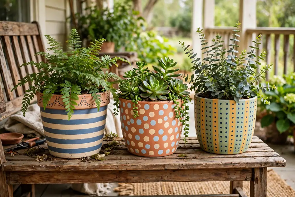 Hand painted patterned planters with stripes on a porch bench.