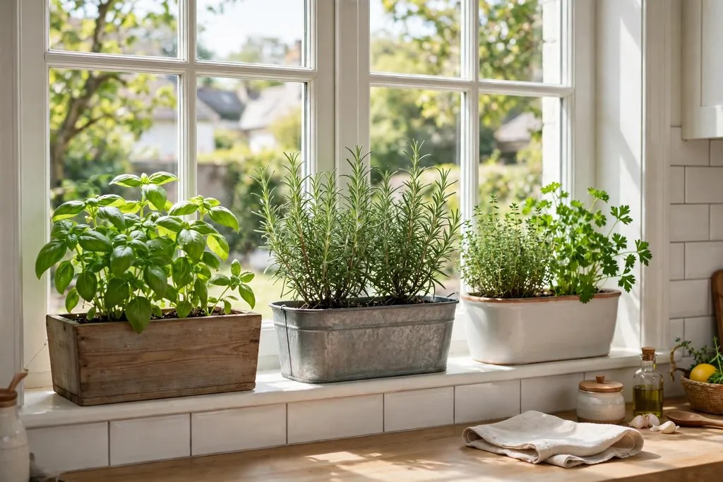Window box planters with herbs on a kitchen windowsill.