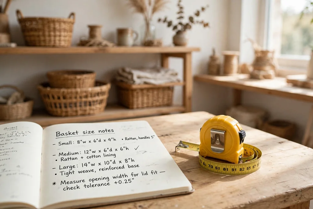 Tape measure and notebook with basket size notes beside a shelf space.