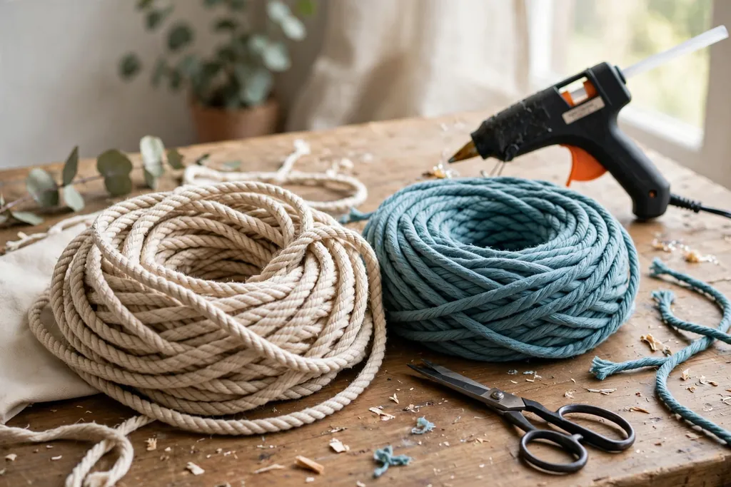 Coils of natural cotton rope and accent rope with scissors and a glue gun on a table.