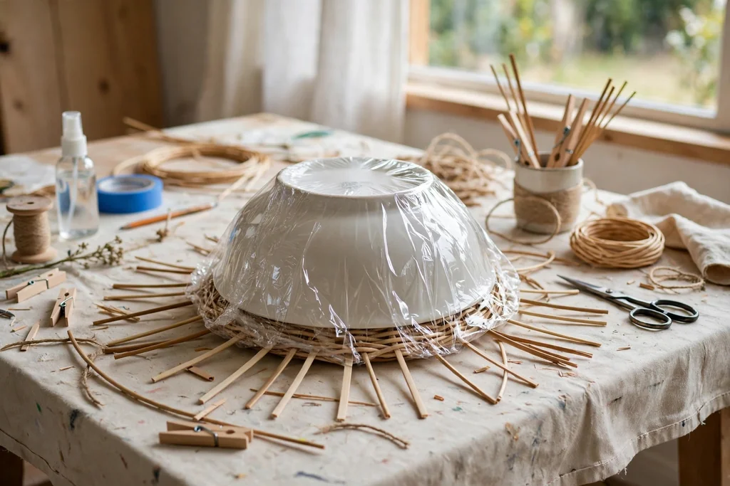 Bowl covered in cling film as a mold for a rope basket on a work table.