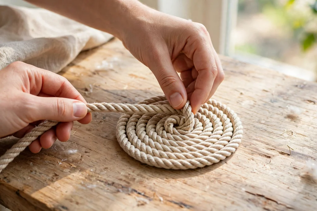 Hands starting a tight flat spiral coil of cotton rope on a table.