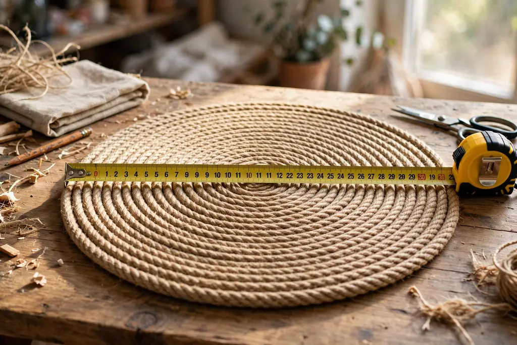 Flat round coiled rope base measured with a tape measure.