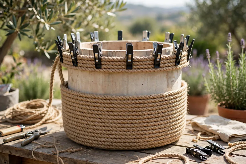 Half built rope basket with even wall rows and clips holding the latest row.