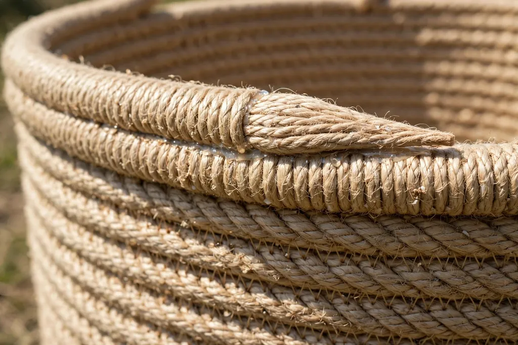 Tapered rope end tucked and glued flat against the top rim of a rope basket.