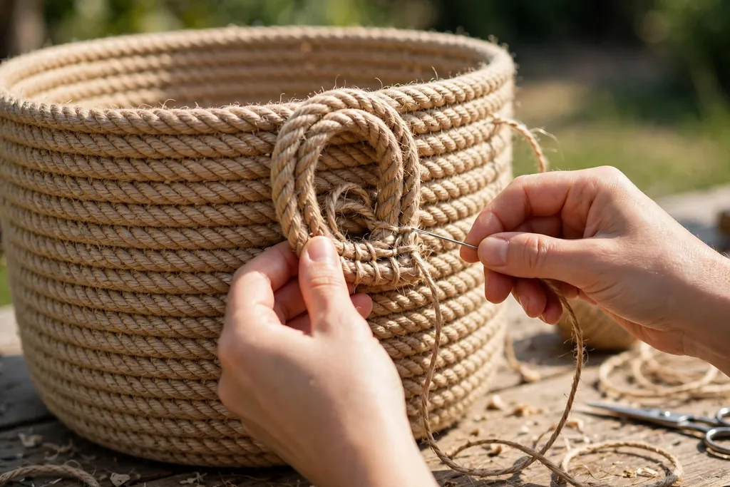 Rope handle loop being stitched to the outside wall of a rope basket below the rim.