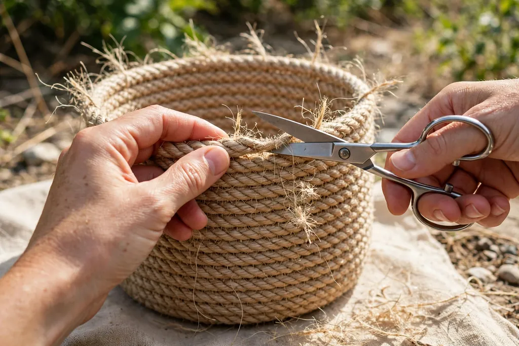 Trimming loose thread ends and stray fibers from a finished rope basket.