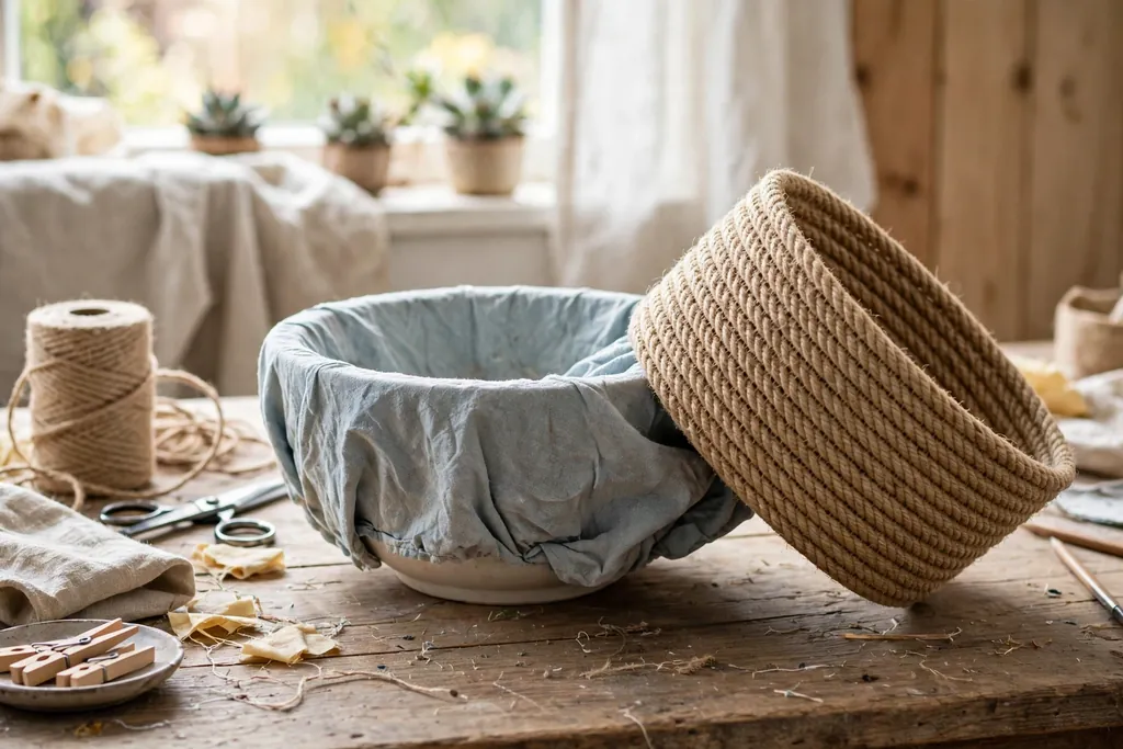Finished rope basket sliding off its covered bowl mold.
