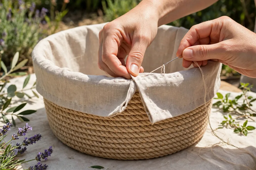 Fabric liner folded over the rim of a rope basket.