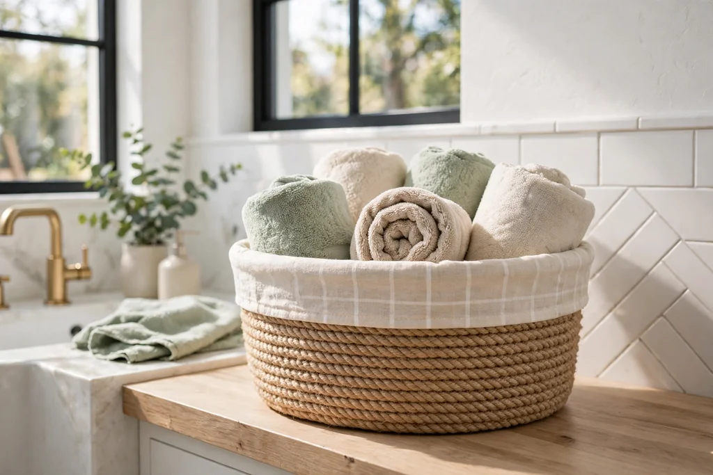 Finished rope basket with a liner holding rolled towels in a bathroom.