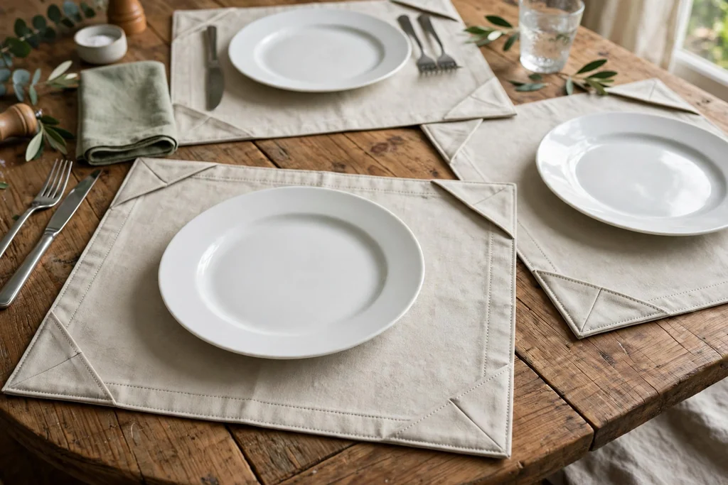 Sewn cotton placemats with mitered corners under white plates on a wood table.