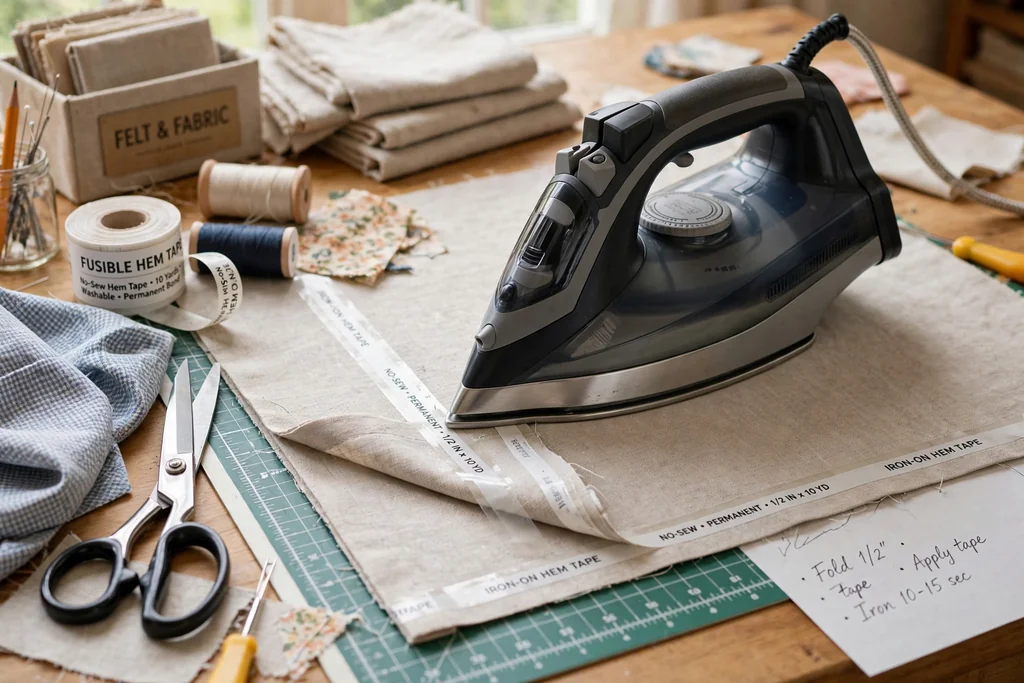 No-sew fabric placemat being pressed with an iron and hem tape.
