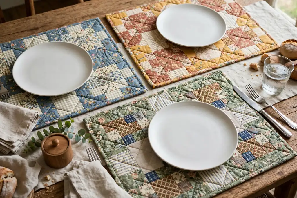Quilted patchwork placemats in mixed prints under plain plates.