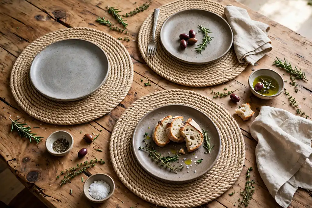 Round coiled rope placemats under stoneware plates on a wood table.