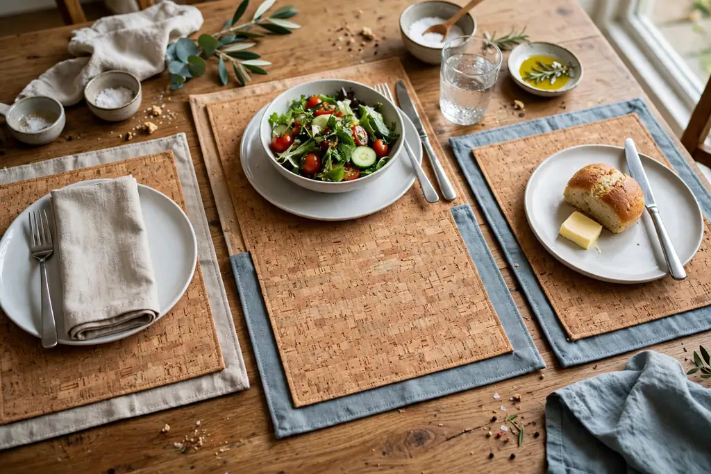 Cork placemats with fabric backing under plates on a dining table.