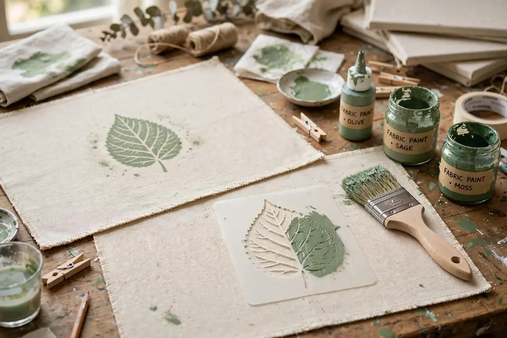 Stenciled canvas placemats with a leaf motif beside paint supplies.