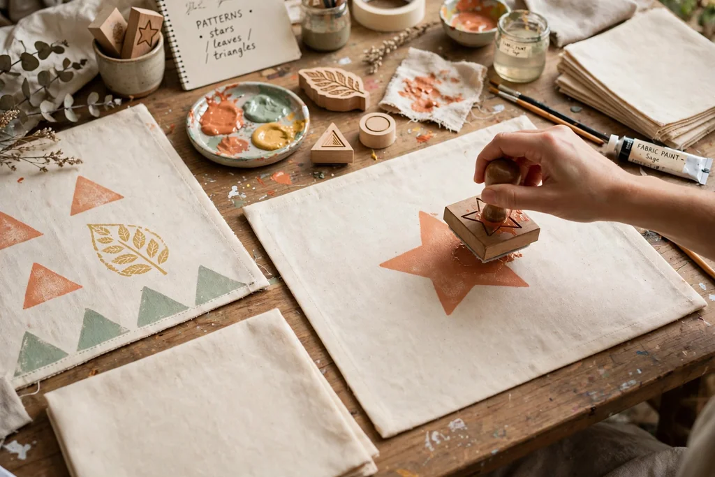Cotton placemats being hand stamped with fabric paint shapes.