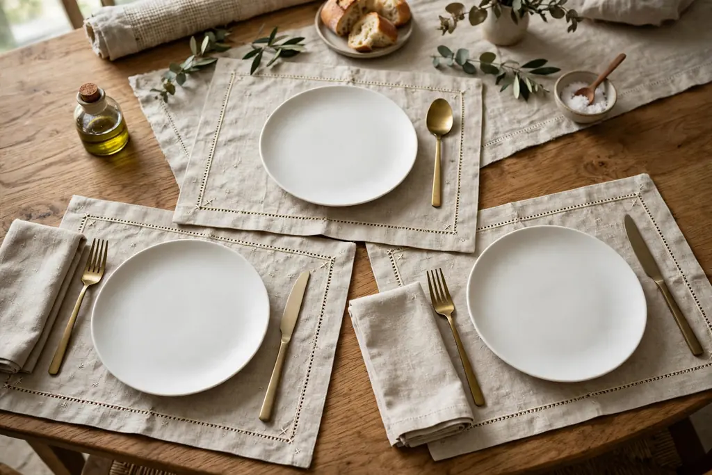 Embroidered linen placemats with a stitched border under plain plates.