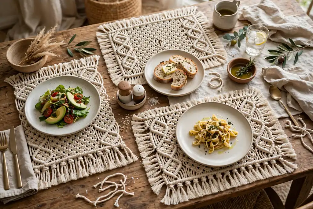 Macrame placemats in knotted cotton cord under plates.