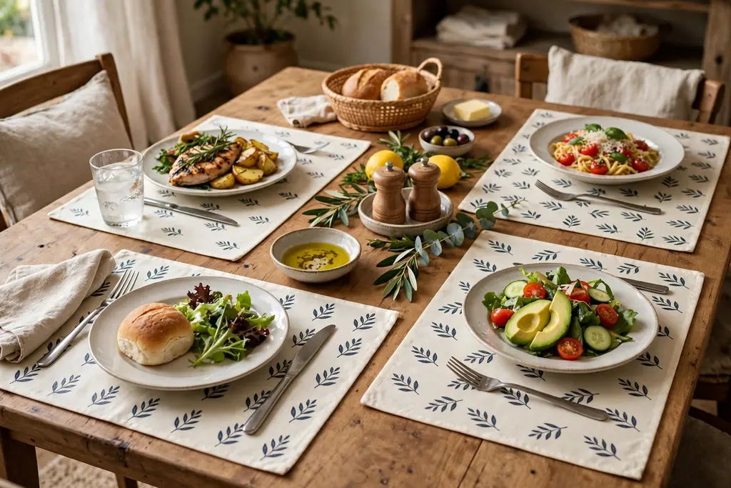 Wipe-clean oilcloth placemats in a simple print under plates.