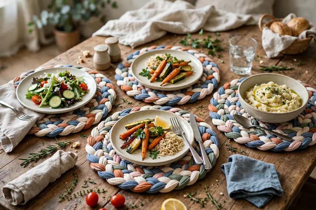 Round braided rag placemats in mixed cotton strips under plates.