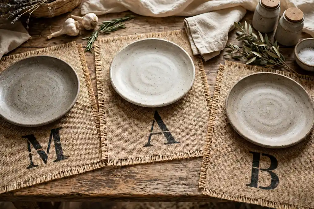 Burlap placemats with a stenciled monogram under stoneware plates.