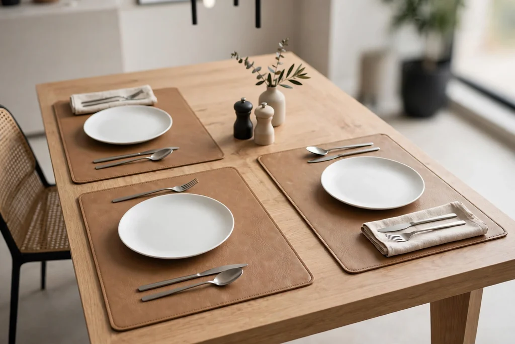 Faux leather placemats in a clean cut shape under plain plates.