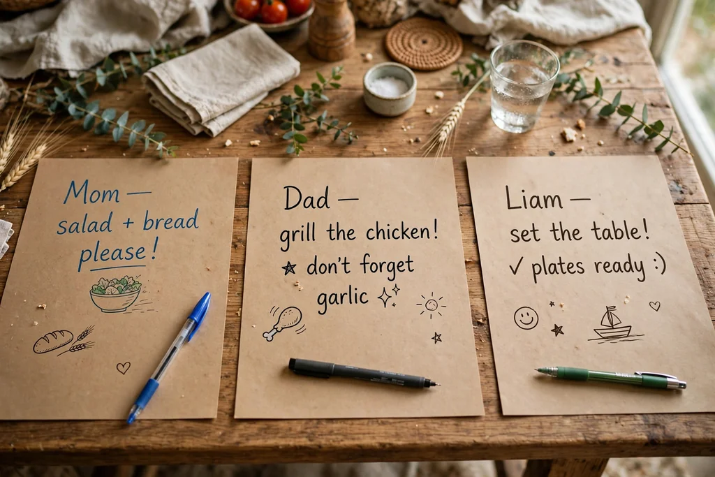 Kraft paper placemats with handwritten notes beside pens.