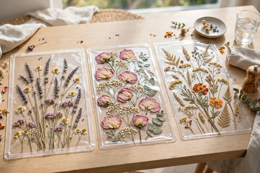 Pressed flower placemats sealed under clear vinyl on a bright table.