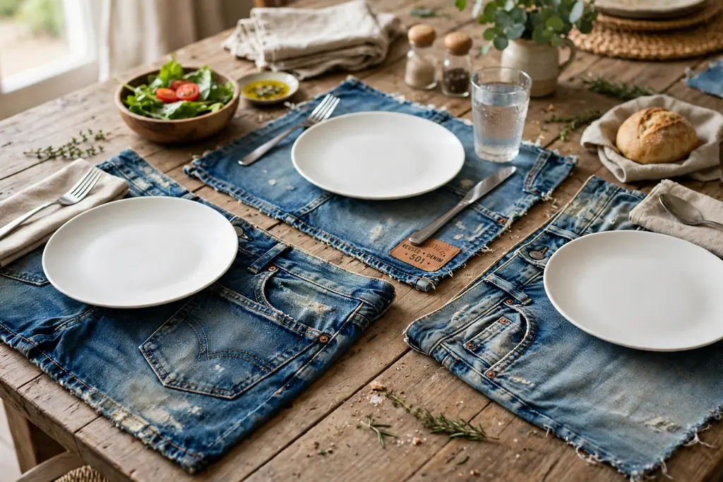 Denim placemats made from old jeans under plain plates.
