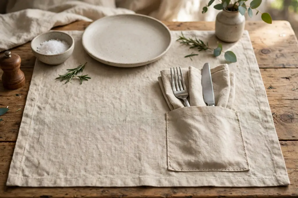 Placemat with a sewn cutlery pocket holding cutlery and a napkin.