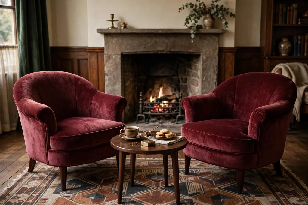 Pair of rounded burgundy velvet armchairs arranged for conversation in a 1930s living room.