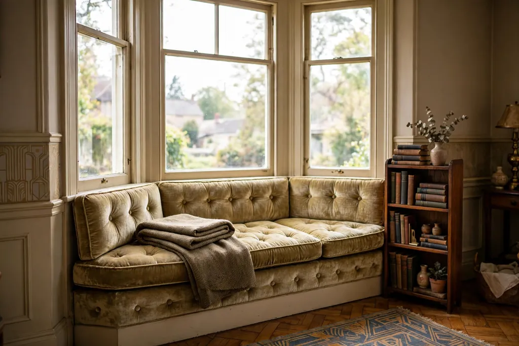 1930s bay window seat with buttoned cushions in muted gold and a folded throw.