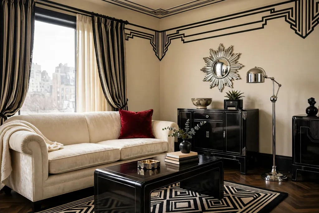 Black and cream 1930s living room with a cream sofa and one deep red cushion accent.