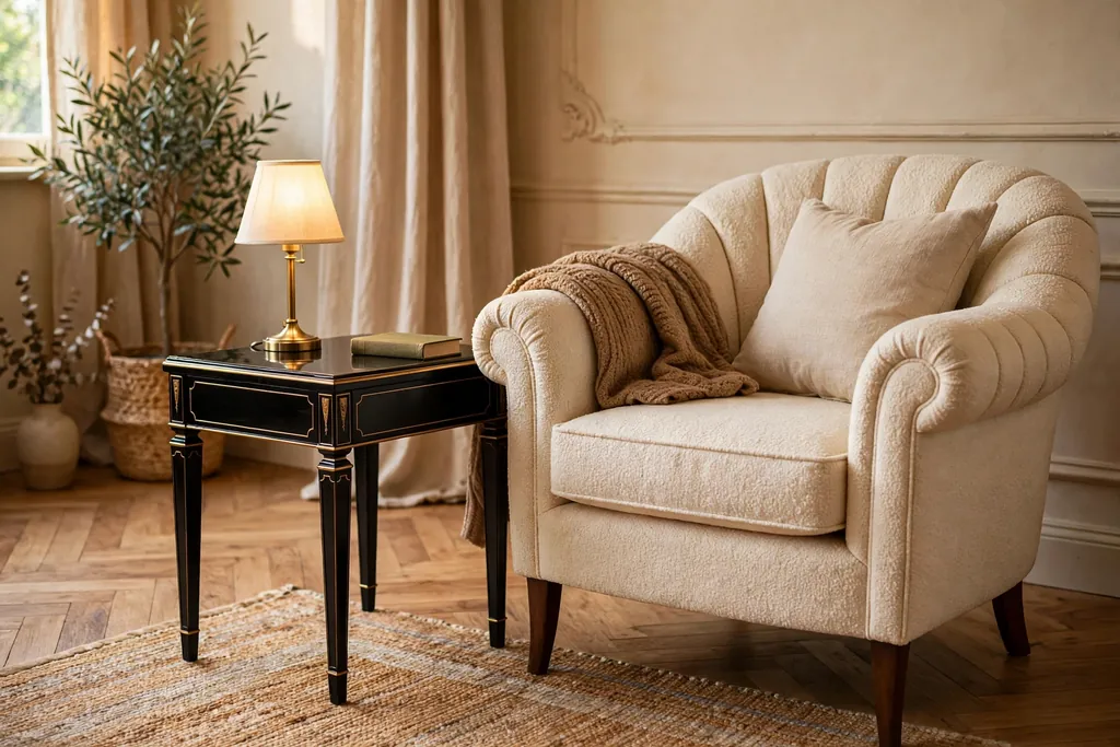 Black lacquer side table with gold trim beside a cream 1930s armchair.