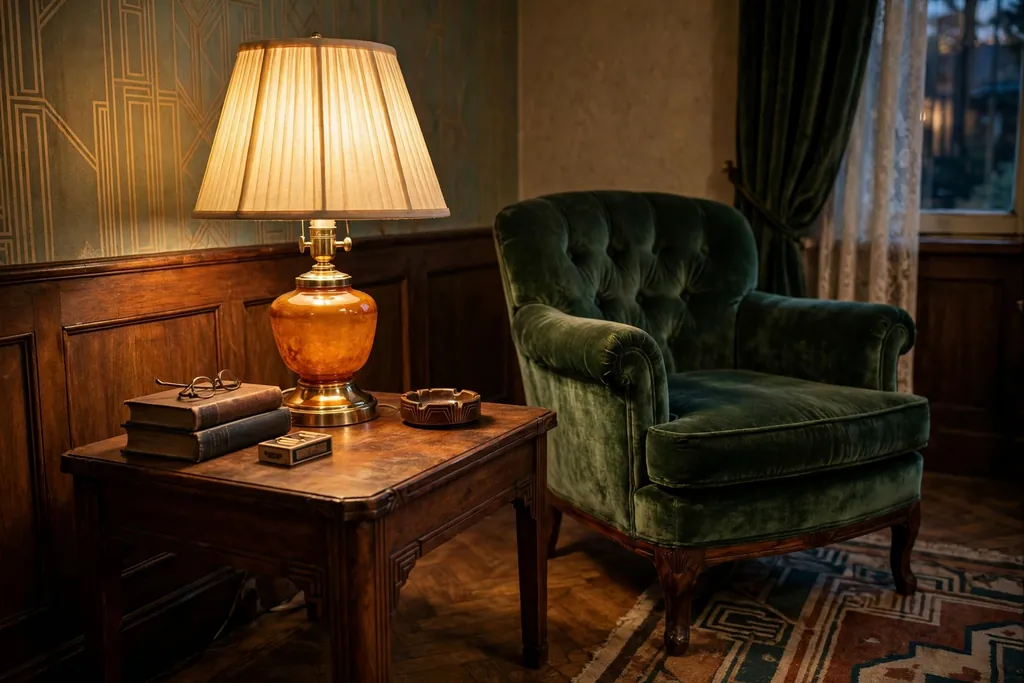 Brass table lamp with an amber Bakelite base glowing beside a 1930s armchair.