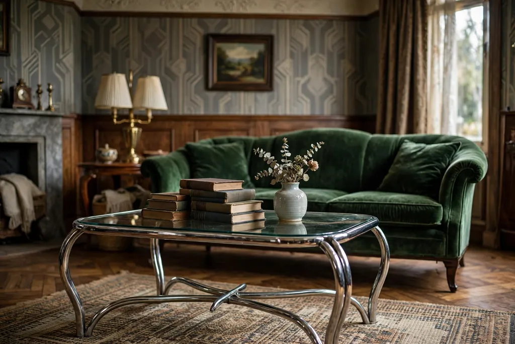 Chrome and glass coffee table with curved legs in a 1930s living room.