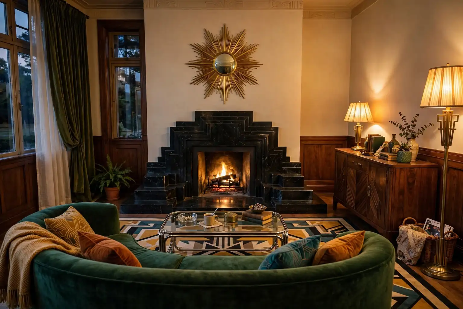 Wide 1930s living room with a stepped fireplace, velvet sofa, walnut sideboard, geometric rug, and sunburst mirror.