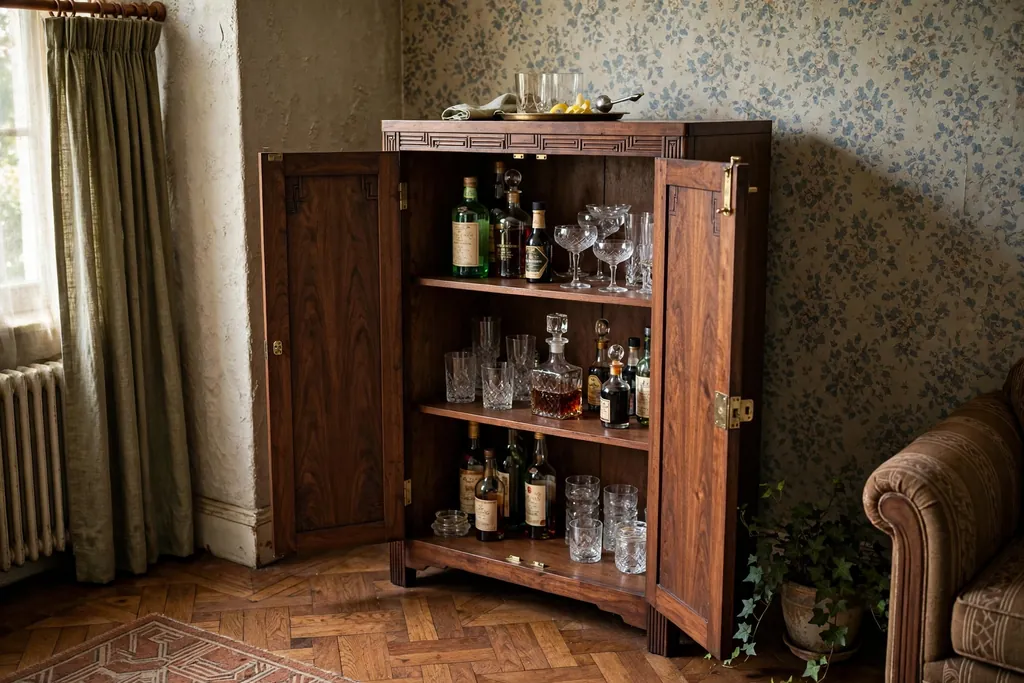 Walnut 1930s drinks cabinet with open doors showing glassware in a living room corner.
