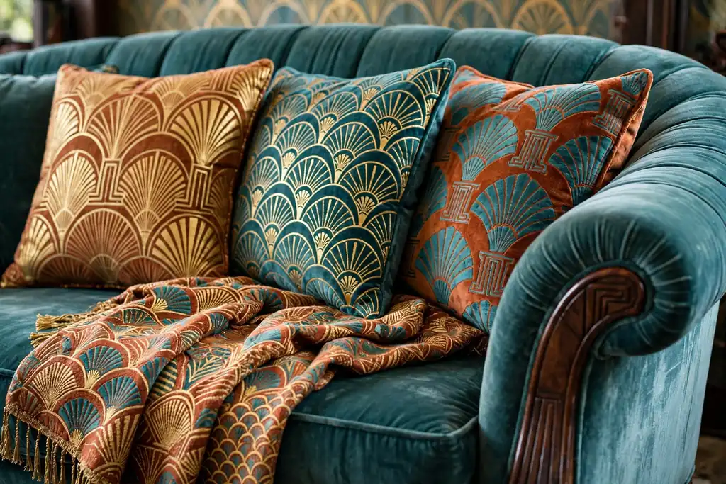 1930s sofa with fan pattern cushions and a throw in gold, rust, and teal.