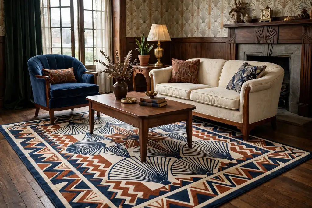 1930s seating area with a geometric fan pattern rug under a walnut coffee table.