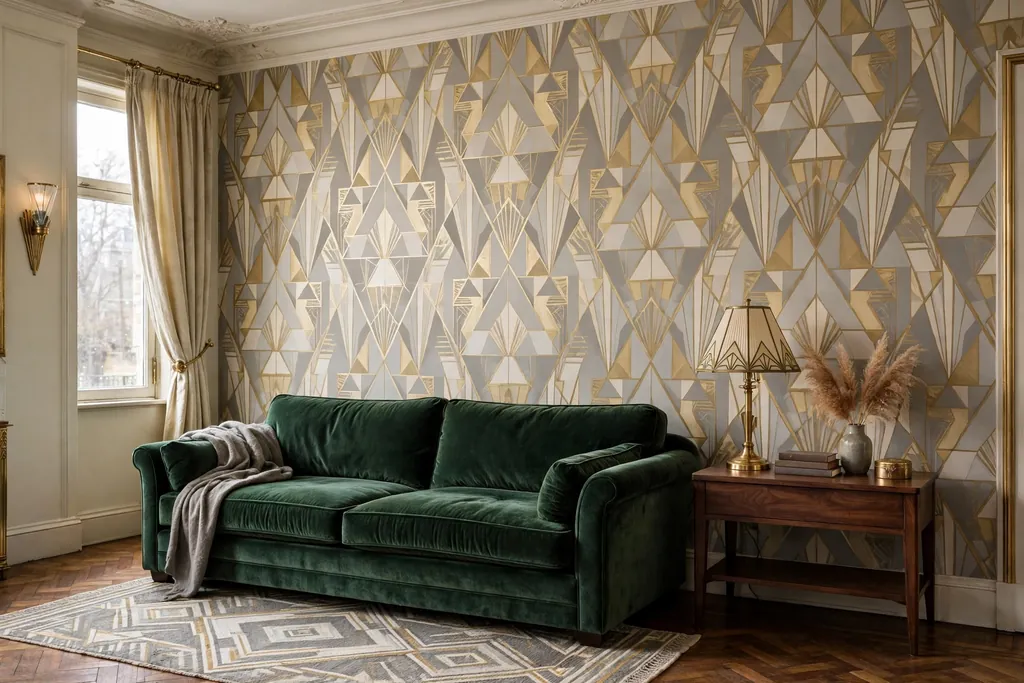 1930s living room feature wall with geometric Art Deco wallpaper behind a velvet sofa.