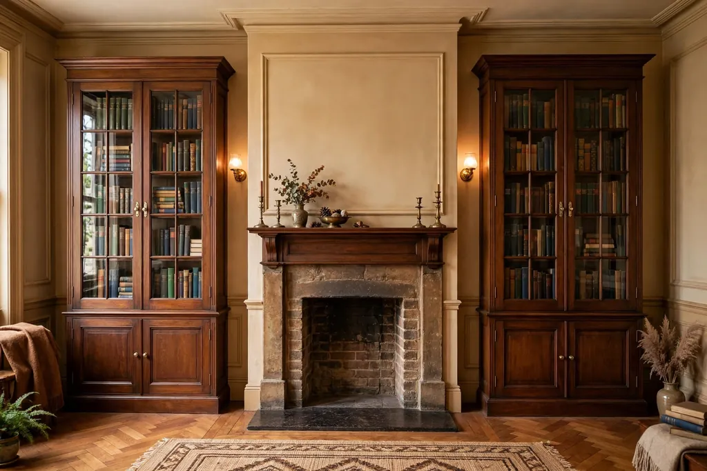 Glass fronted built-in bookcases filled with books beside a 1930s fireplace.